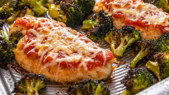 Sheet-Pan Chicken Parmesan With Roasted Lemon-Garlic Broccoli